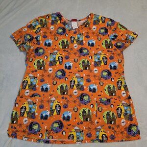 Halloween Dickies Womens Scrub Top XL Pumpkin Frankenstein Ghost Haunted House